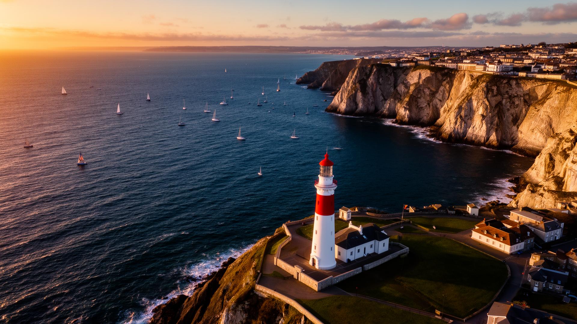 Plymouth Hoe lighthouse and Plymouth Sound at golden hour